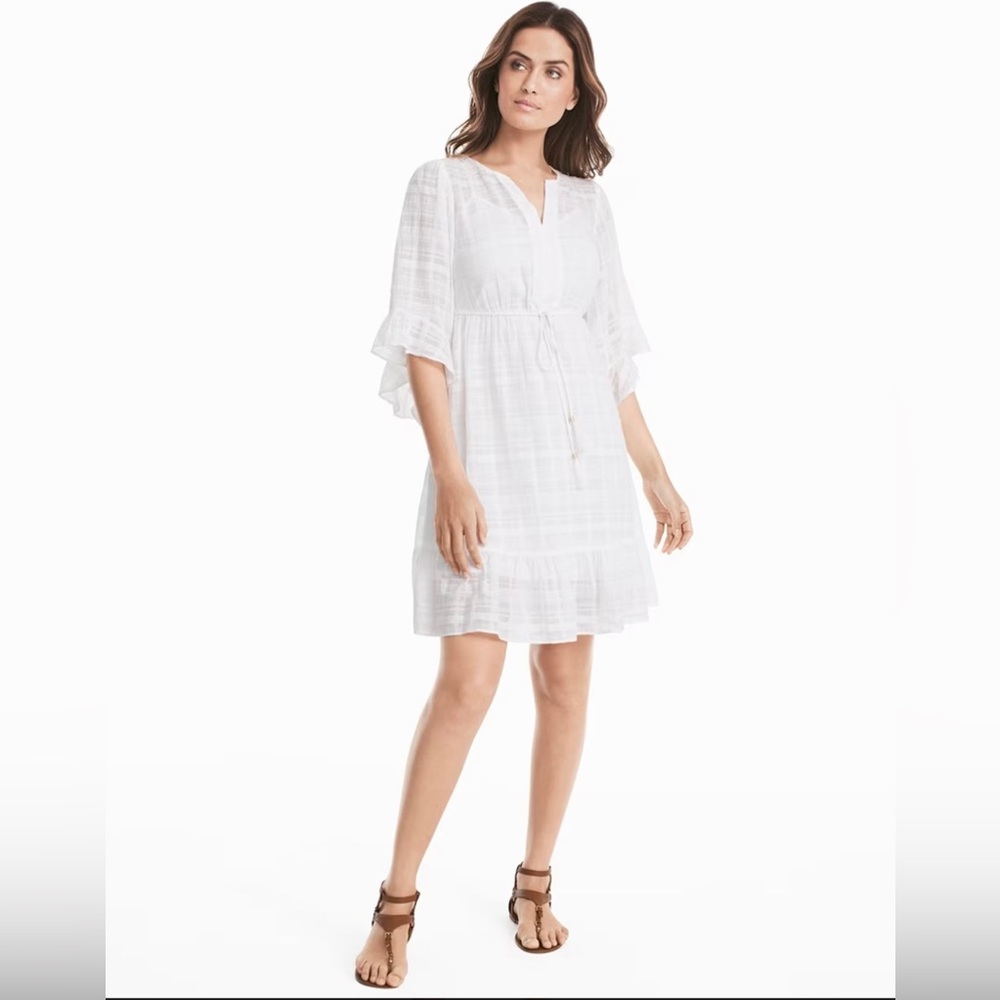 White House Black Market Ruffle Sleeve White Cotton Tie-Waist Dress